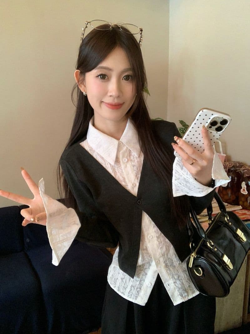 원본 원단 디자인 센스 긴팔 POLO 칼라 셔츠 가을 겨울 몸매 가꾸기 슬림해 보이는 페이크 레이어드 Chic 맨위 여성 상세 이미지 22