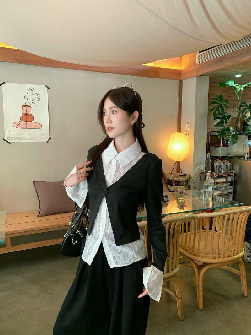 원본 원단 디자인 센스 긴팔 POLO 칼라 셔츠 가을 겨울 몸매 가꾸기 슬림해 보이는 페이크 레이어드 Chic 맨위 여성 상세 이미지 23