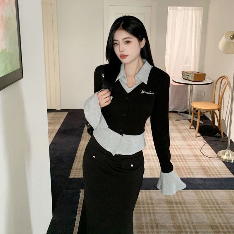 원본 것 모달 사람들 면 260 그램 핫걸 배색 페이크 레이어드 맨위 여성 가을 슬림해 보이는 이미지 2