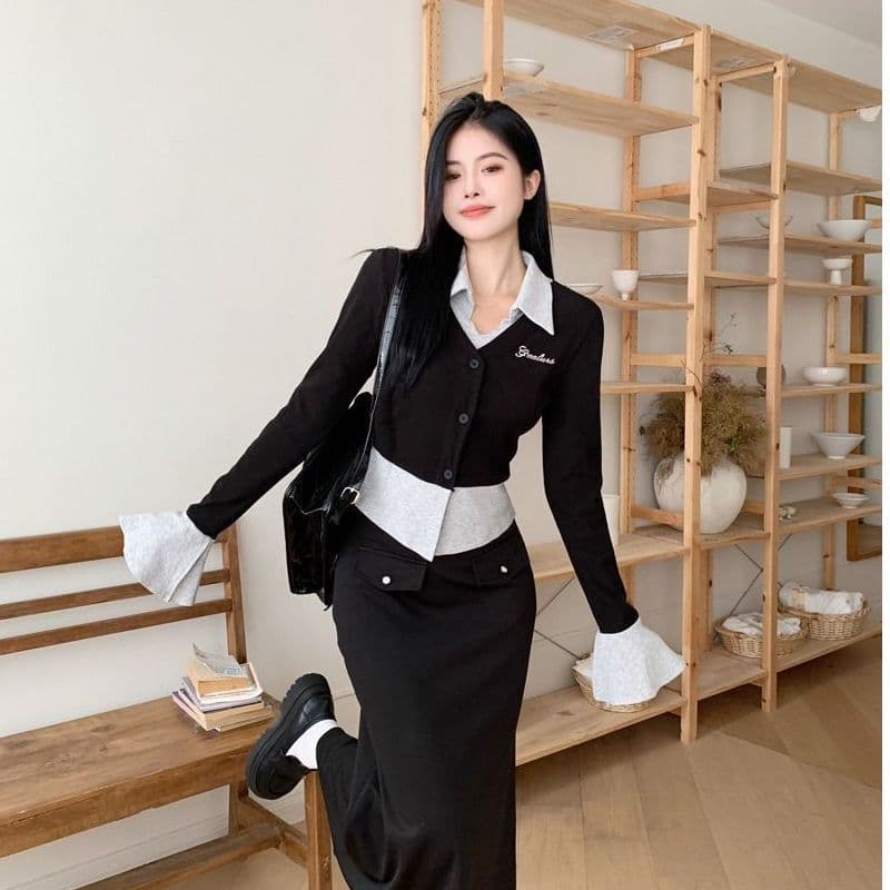 원본 것 모달 사람들 면 260 그램 핫걸 배색 페이크 레이어드 맨위 여성 가을 슬림해 보이는