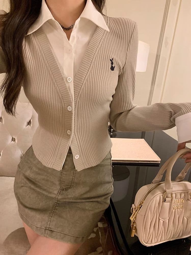 원본 원단 POLO 칼라 자수 긴팔 여성 가을 디자인 센스 셔츠 패치워크 쇼트 스타일 페이크 레이어드 맨위 상세 이미지 14