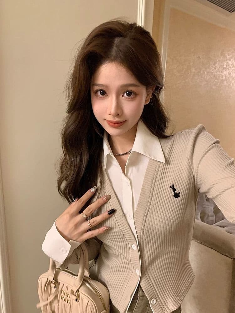 원본 원단 POLO 칼라 자수 긴팔 여성 가을 디자인 센스 셔츠 패치워크 쇼트 스타일 페이크 레이어드 맨위 상세 이미지 15