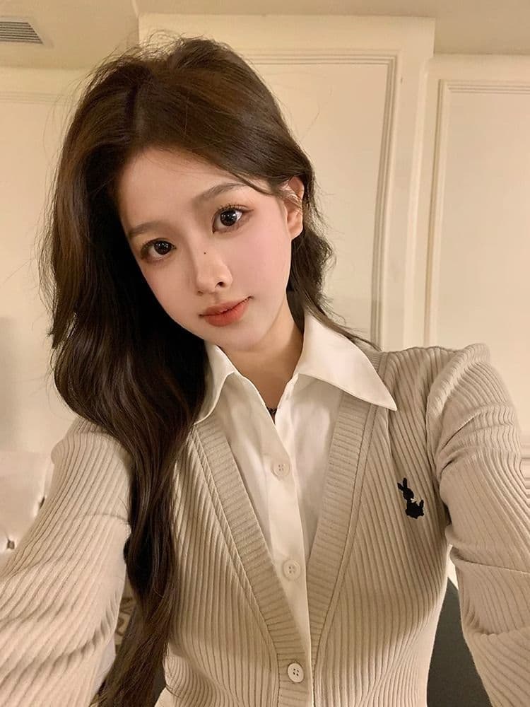 원본 원단 POLO 칼라 자수 긴팔 여성 가을 디자인 센스 셔츠 패치워크 쇼트 스타일 페이크 레이어드 맨위 상세 이미지 17
