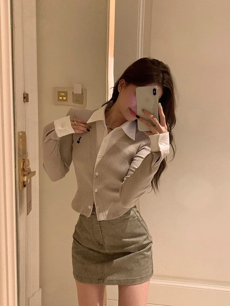 원본 원단 POLO 칼라 자수 긴팔 여성 가을 디자인 센스 셔츠 패치워크 쇼트 스타일 페이크 레이어드 맨위 상세 이미지 18