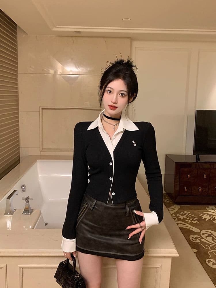 원본 원단 POLO 칼라 자수 긴팔 여성 가을 디자인 센스 셔츠 패치워크 쇼트 스타일 페이크 레이어드 맨위 상세 이미지 26