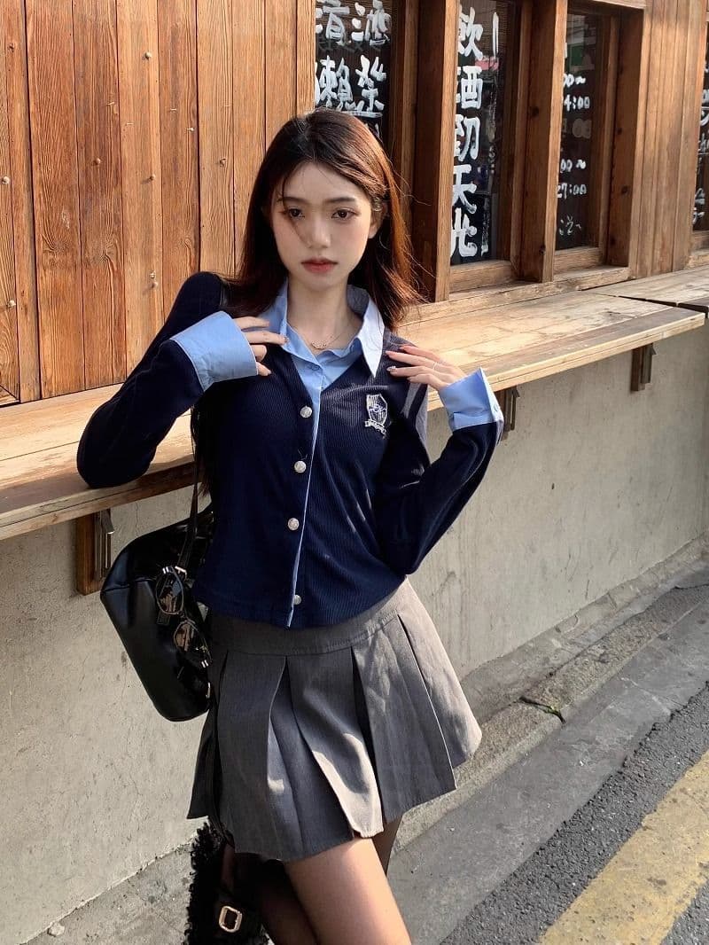 원본 원단 페이크 레이어드 POLO 칼라 여성 셔츠 가을 학원 스타일 몸매 가꾸기 쇼트 스타일 스택 착용 오픈 가디건 맨위 상세 이미지 15