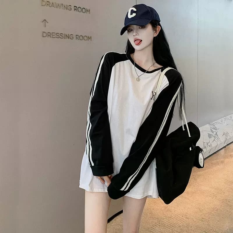 있음 선적 순면 좋은 품질 봄 가을 새로운 와이드 디자인 센스 삽입 어깨 티셔츠 학생 한국 대외 무역