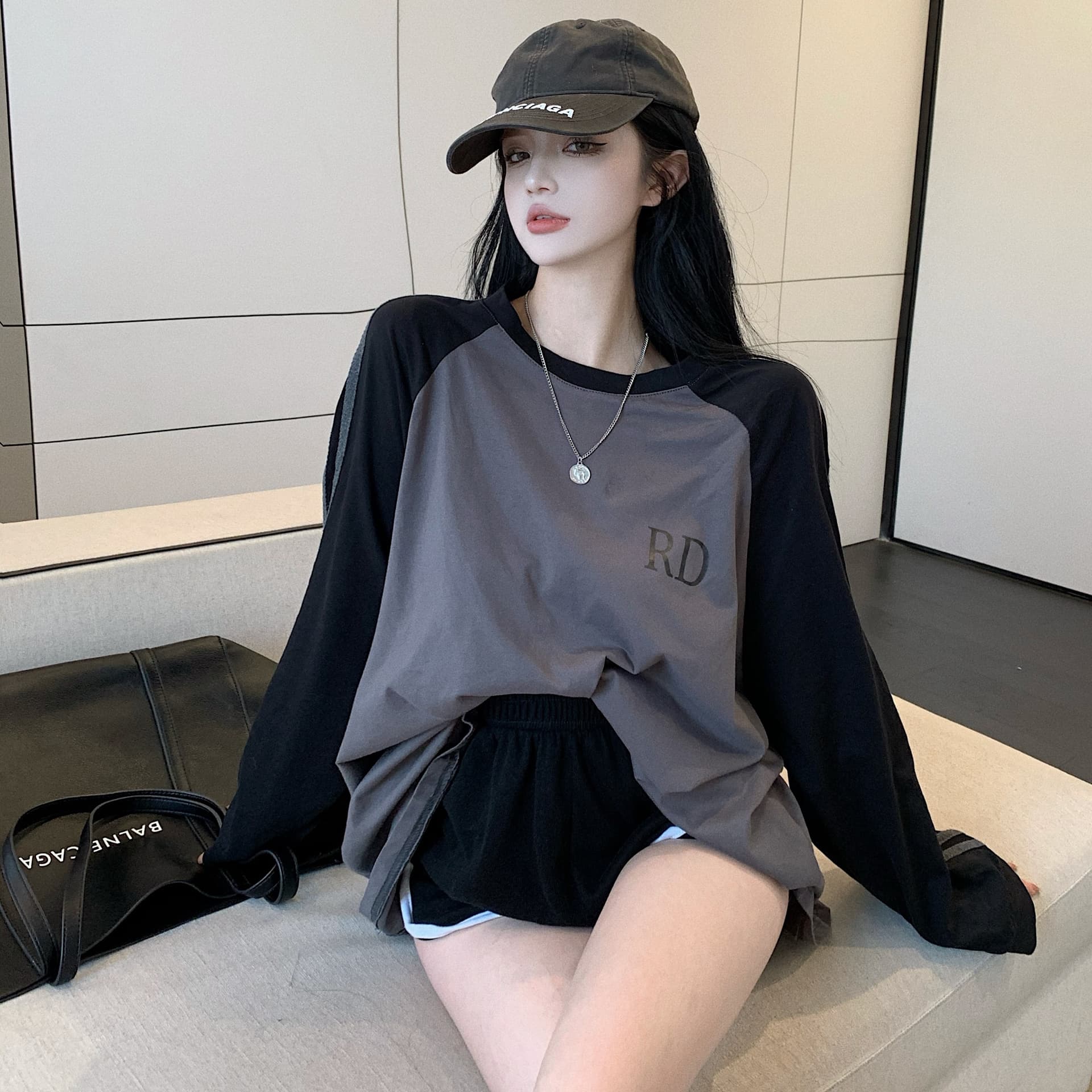 있음 선적 순면 좋은 품질 봄 가을 새로운 와이드 디자인 센스 삽입 어깨 티셔츠 학생 한국 대외 무역 이미지 5