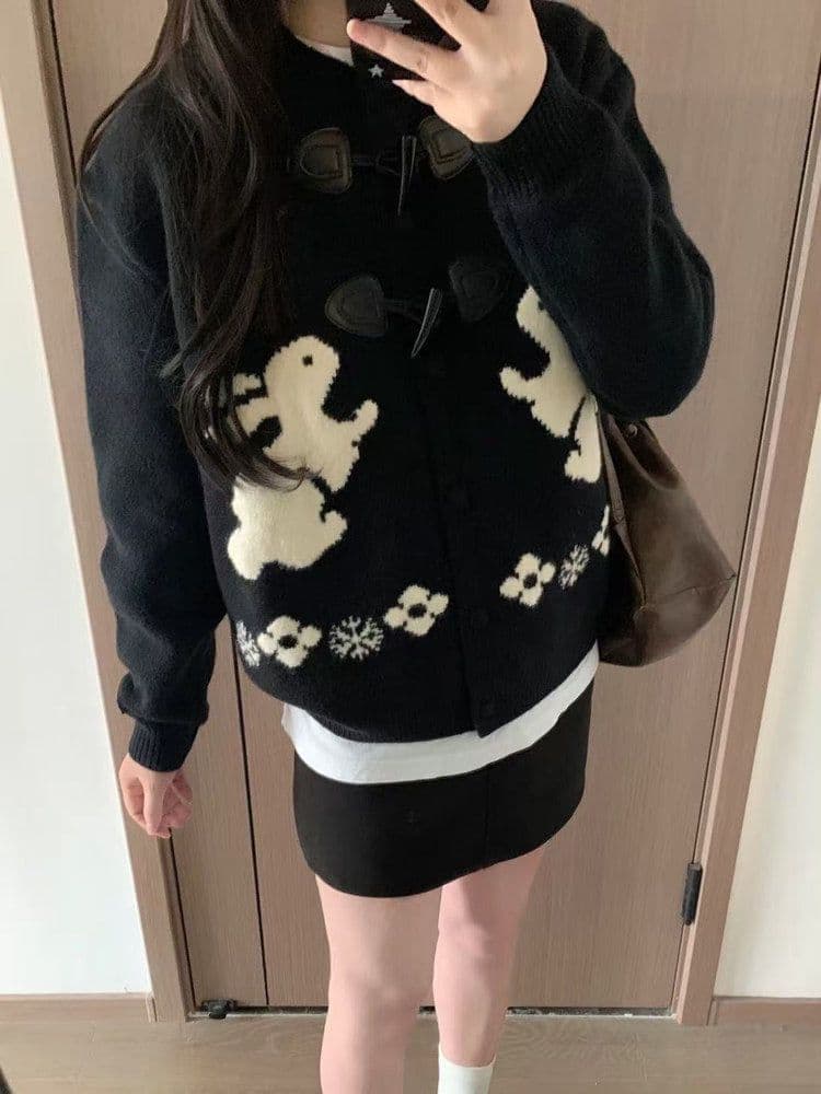귀여운 토끼 자수 스웨터 오픈 가디건 여성 가을 겨울 소뿔 버클 패치워크 한 부서 레트로 게으른 부주의 한 부드러운 찹쌀 라운드 넥 재킷