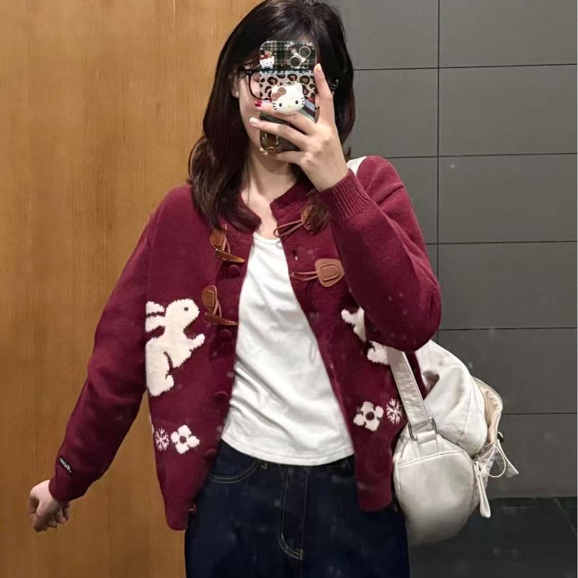 귀여운 토끼 자수 스웨터 오픈 가디건 여성 가을 겨울 소뿔 버클 패치워크 한 부서 레트로 게으른 부주의 한 부드러운 찹쌀 라운드 넥 재킷 이미지 5