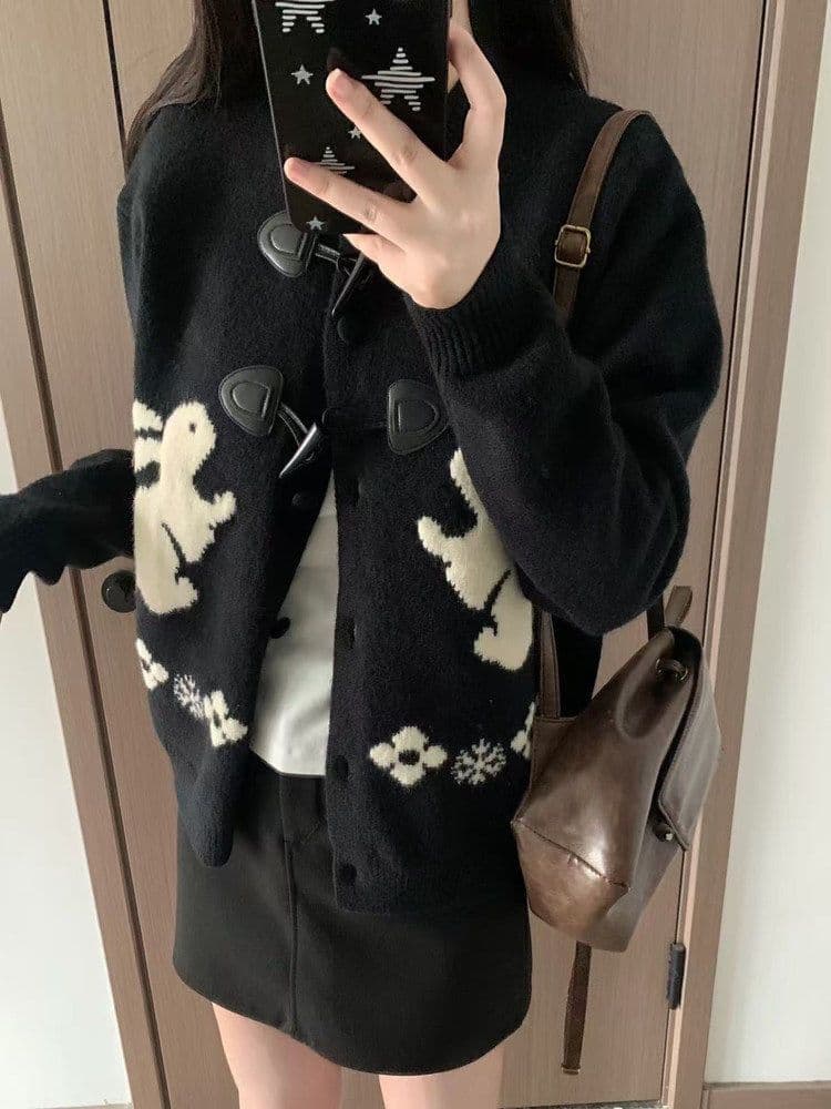 귀여운 토끼 자수 스웨터 오픈 가디건 여성 가을 겨울 소뿔 버클 패치워크 한 부서 레트로 게으른 부주의 한 부드러운 찹쌀 라운드 넥 재킷 상세 이미지 1