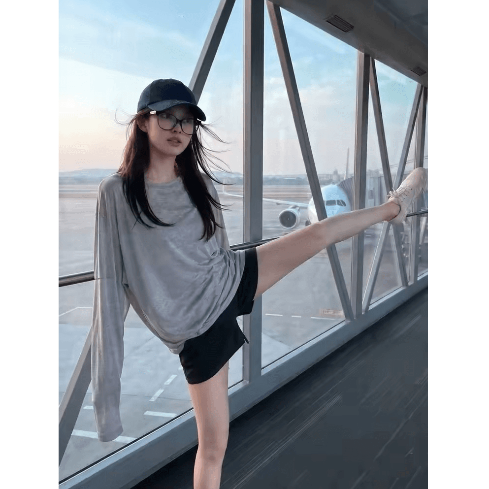 느슨함 바람 루즈핏 긴팔 티셔츠 여성 이른 가을 가을 어깨 소매 라운드 넥 풀오버 회색 맨위 느슨함 센스 착용 가져 가라. 이미지 2