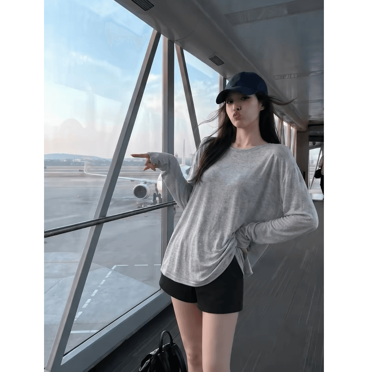 느슨함 바람 루즈핏 긴팔 티셔츠 여성 이른 가을 가을 어깨 소매 라운드 넥 풀오버 회색 맨위 느슨함 센스 착용 가져 가라. 이미지 5