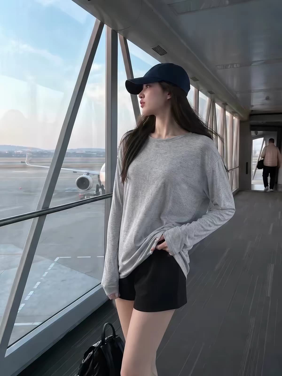 느슨함 바람 루즈핏 긴팔 티셔츠 여성 이른 가을 가을 어깨 소매 라운드 넥 풀오버 회색 맨위 느슨함 센스 착용 가져 가라. 상세 이미지 5