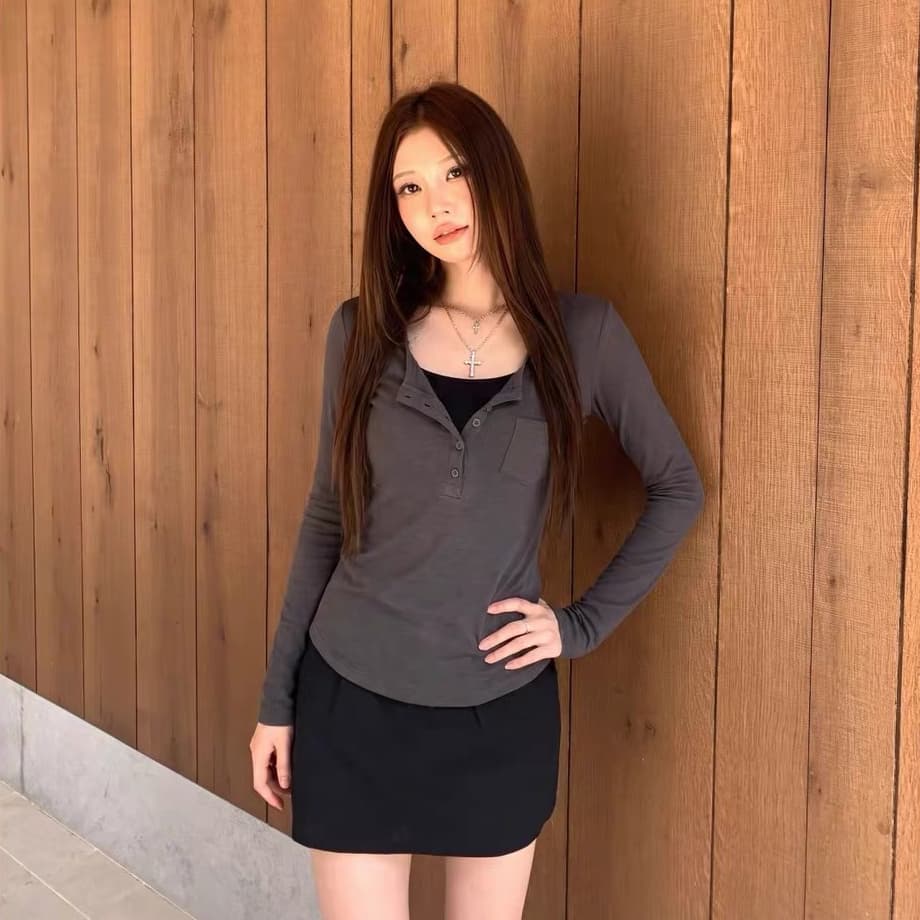 미니멀리즘 한 팬 헨리 칼라 긴팔 주머니 티셔츠 이른 가을 새로운 여성 몸매 가꾸기 슬림해 보이는 다용도 맨위 이미지 5