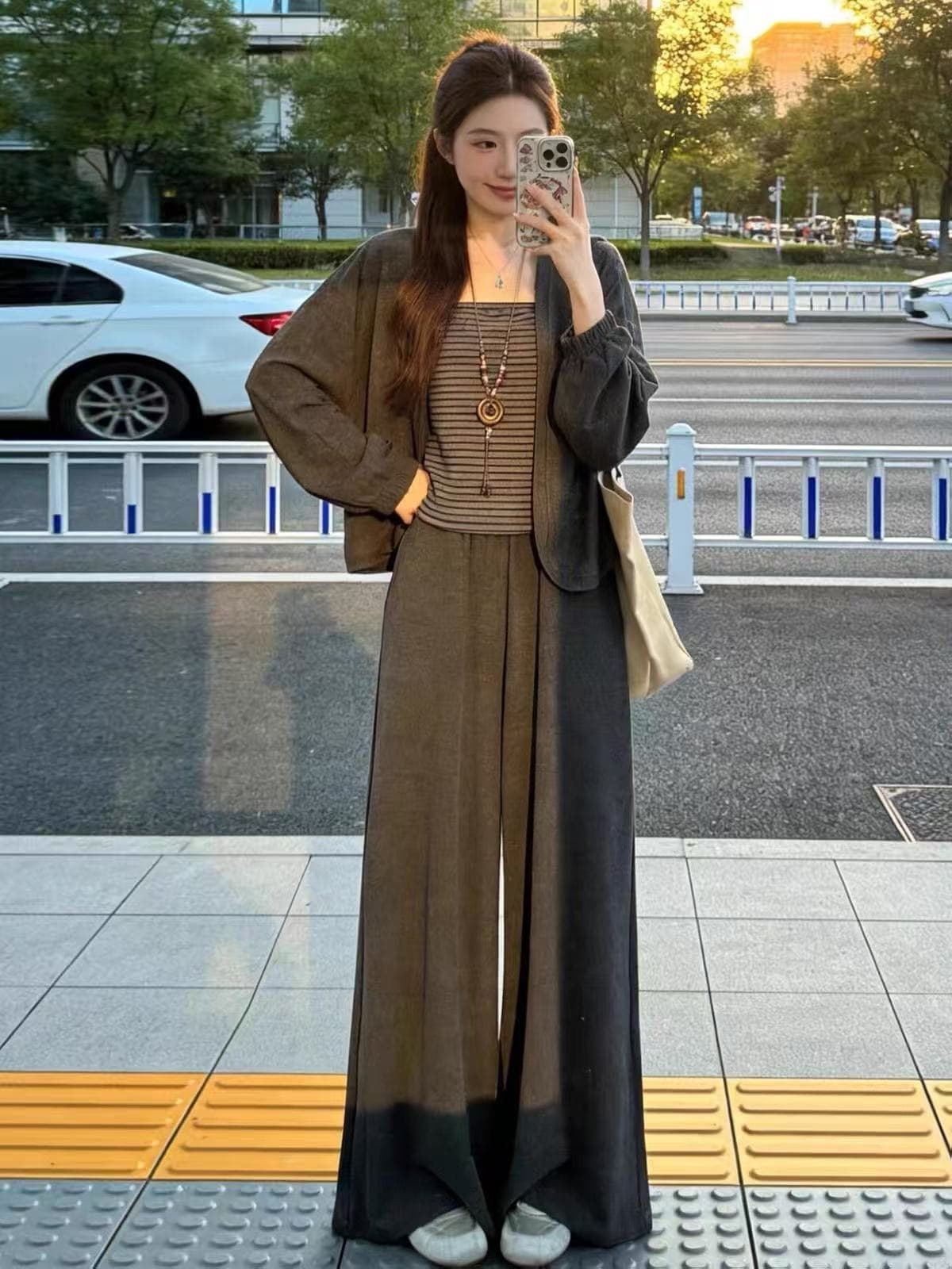 한 부서 그레이트 통해보기 가져 가라. 전체 집합 2026 가을 겨울 새로운 회색 카디건 코트 여성용 바지 세 조각 세트 상세 이미지 5