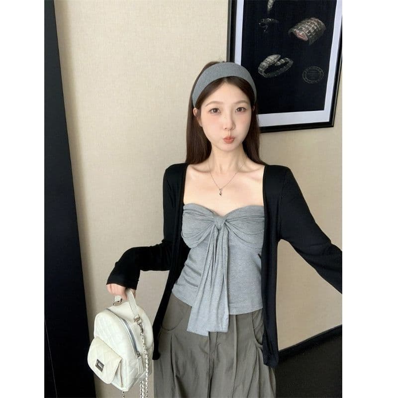 레트로 품격 패션 세트 여성 가을 검정색 오픈 가디건 스트랩 만나는 캐미솔 투피스 세트