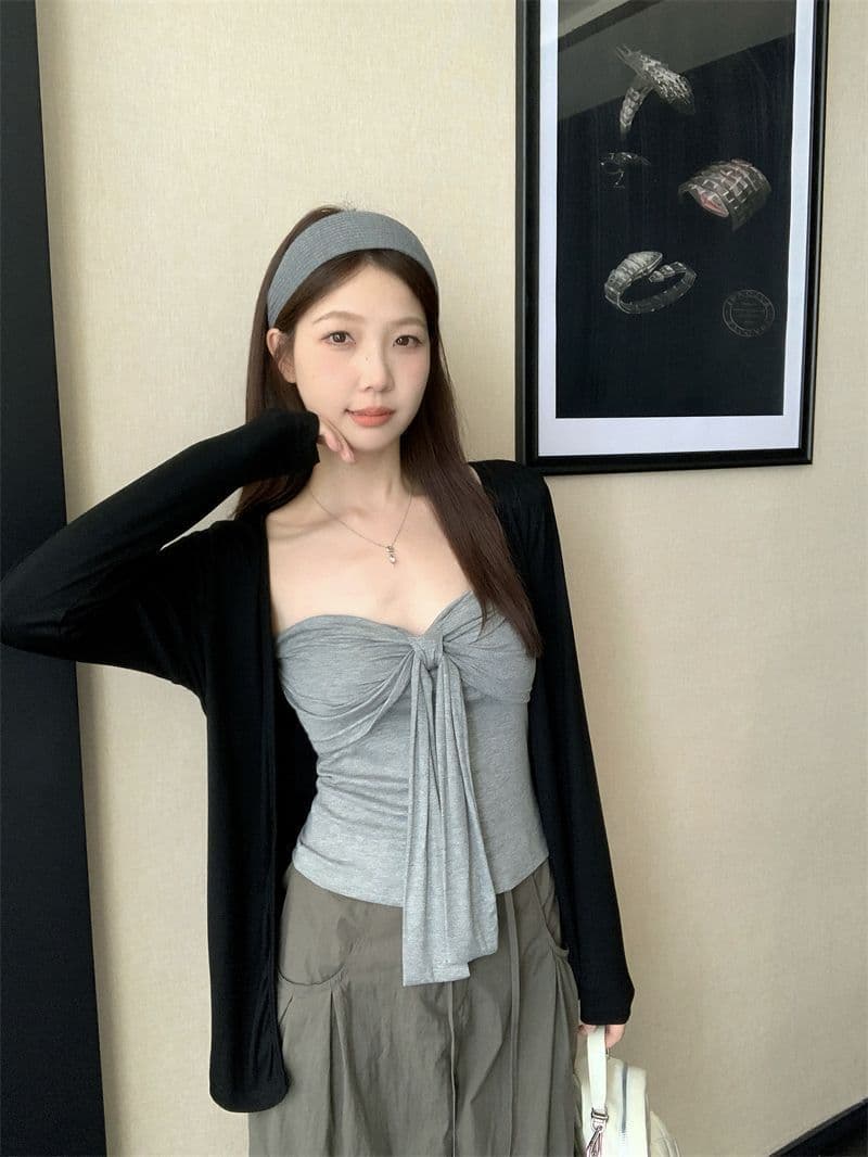 레트로 품격 패션 세트 여성 가을 검정색 오픈 가디건 스트랩 만나는 캐미솔 투피스 세트 상세 이미지 1