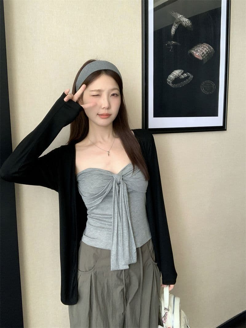 레트로 품격 패션 세트 여성 가을 검정색 오픈 가디건 스트랩 만나는 캐미솔 투피스 세트 상세 이미지 2