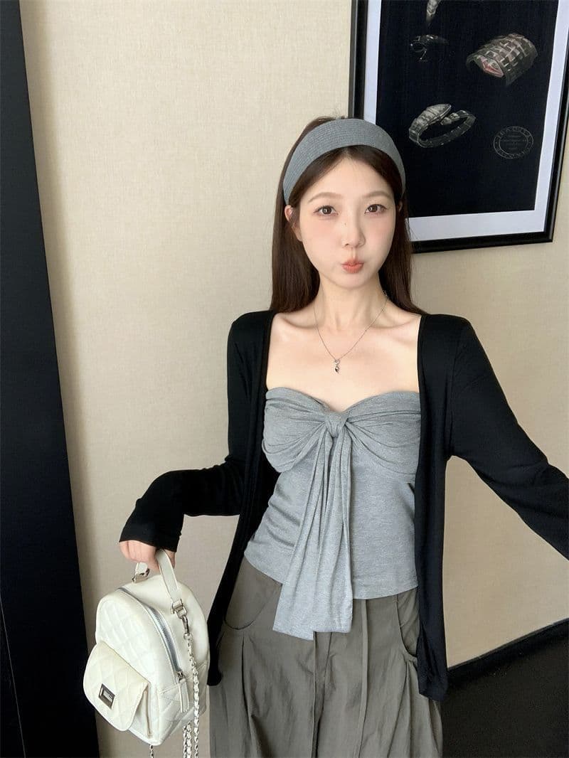 레트로 품격 패션 세트 여성 가을 검정색 오픈 가디건 스트랩 만나는 캐미솔 투피스 세트 상세 이미지 3