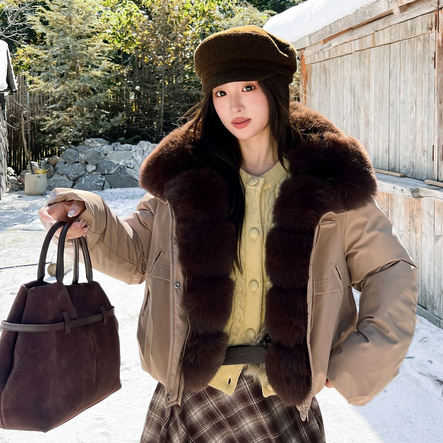 실사 2026 새로운 모방 여우 모피 칼라 아래 면화 의류 여성 짧은 패션 루즈핏 두꺼운 Parker 세트 이미지 5