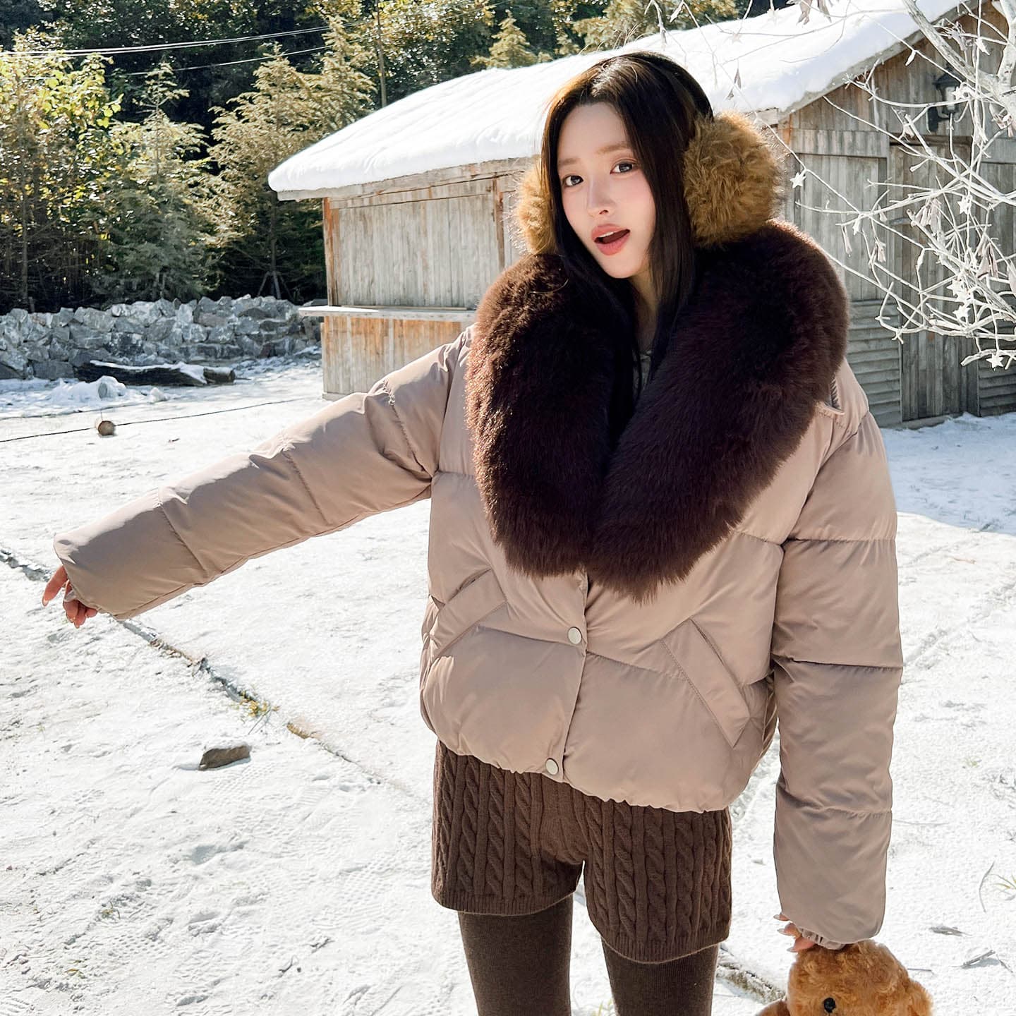 실사 큰 모피 칼라 겨울 새로운 쇼트 스타일 아래 면화 의류 여성 루즈핏 두꺼운 작은 키 한 부서 목화 진딧물 재킷 이미지 6