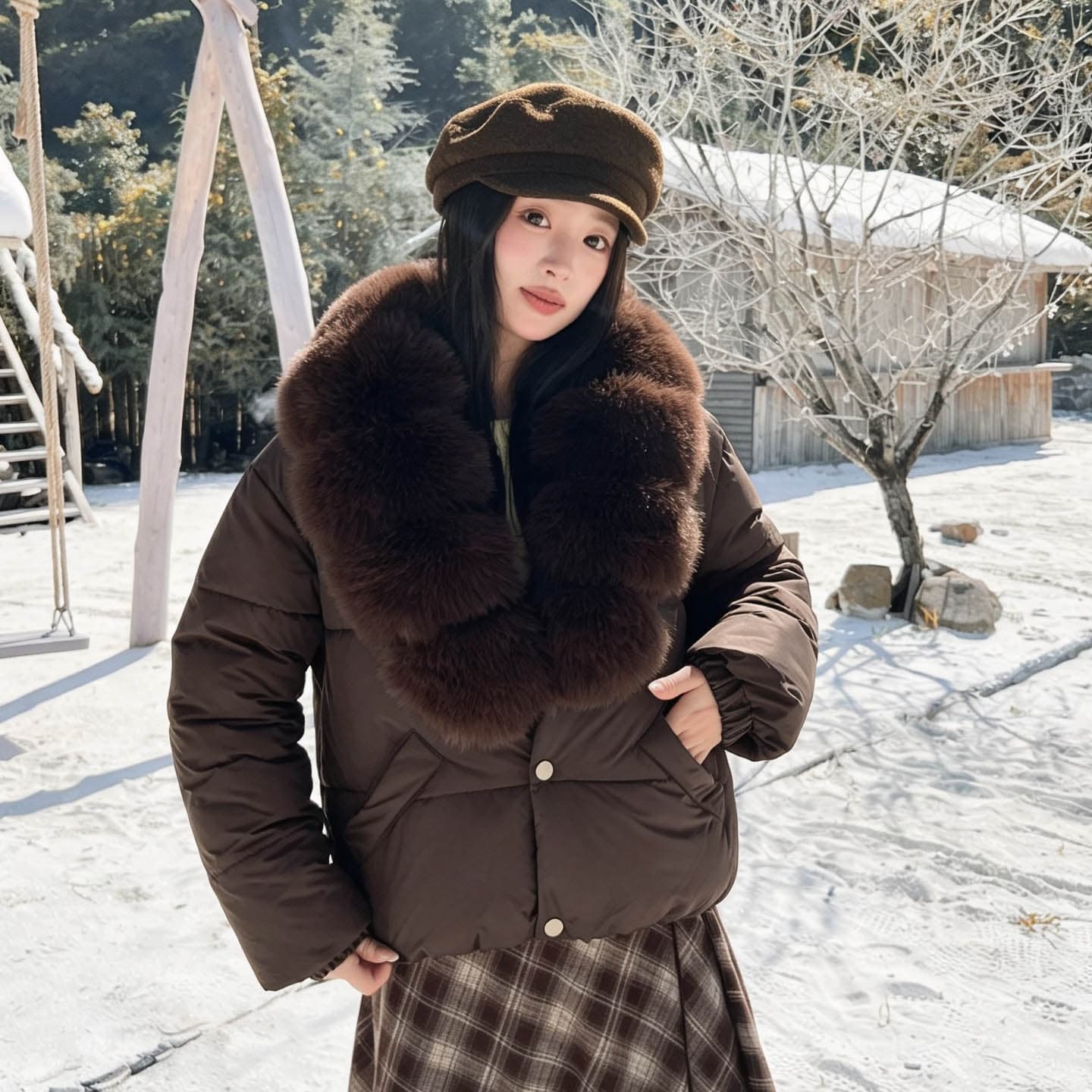 실사 큰 모피 칼라 겨울 새로운 쇼트 스타일 아래 면화 의류 여성 루즈핏 두꺼운 작은 키 한 부서 목화 진딧물 재킷 이미지 4