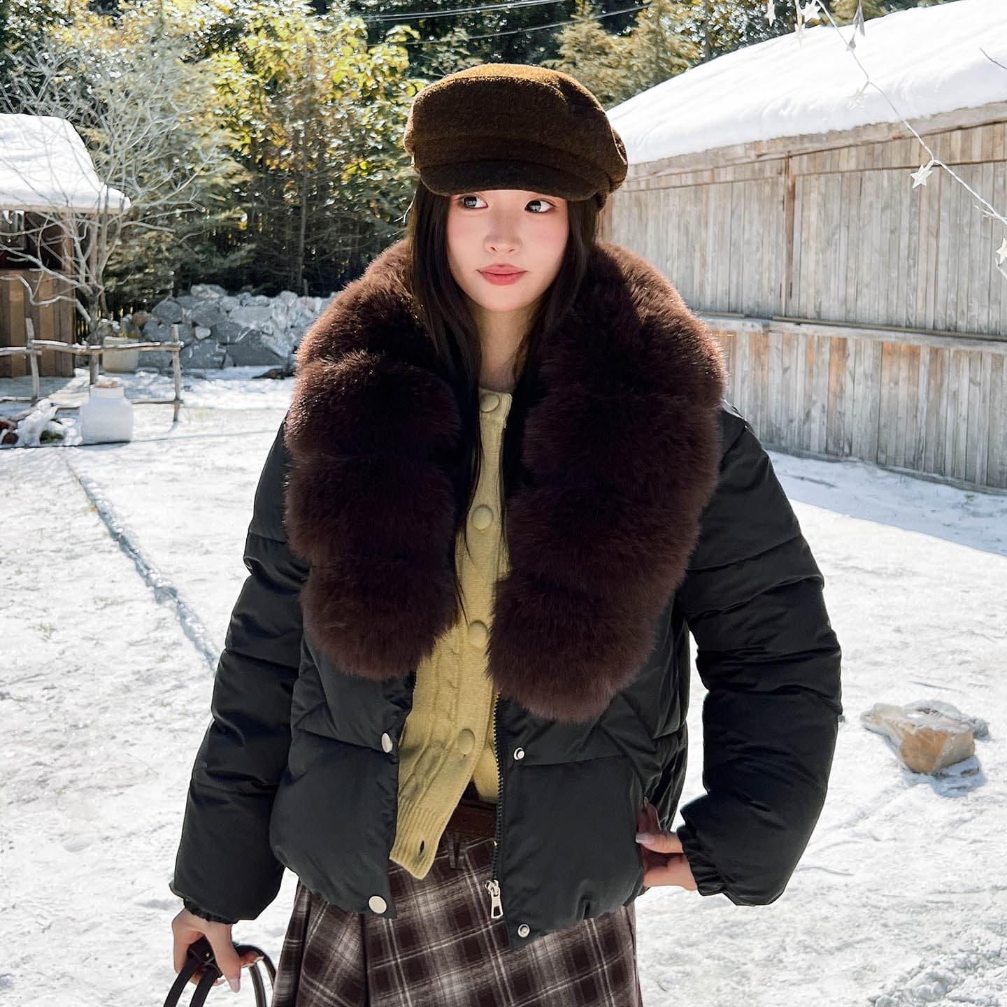 실사 큰 모피 칼라 겨울 새로운 쇼트 스타일 아래 면화 의류 여성 루즈핏 두꺼운 작은 키 한 부서 목화 진딧물 재킷 이미지 3