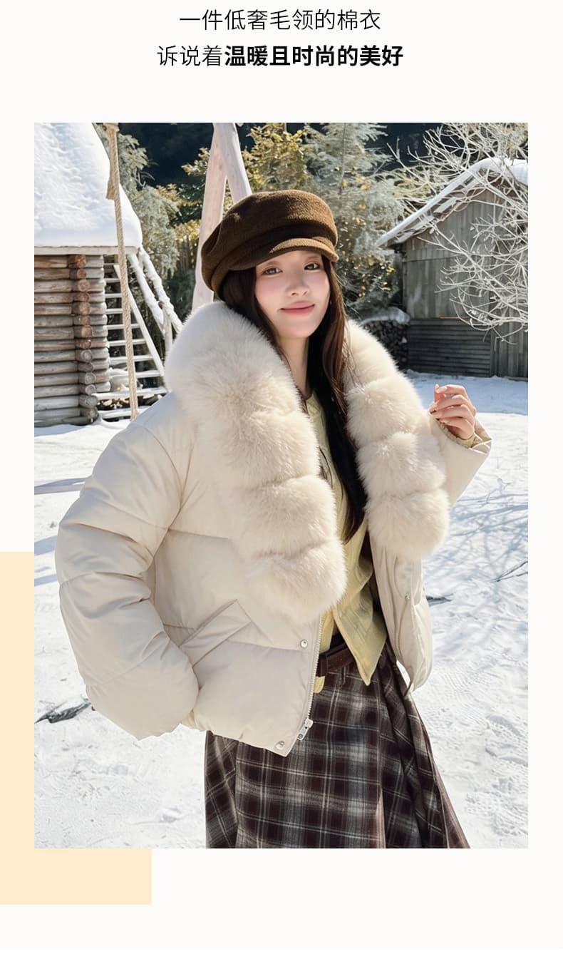 실사 큰 모피 칼라 겨울 새로운 쇼트 스타일 아래 면화 의류 여성 루즈핏 두꺼운 작은 키 한 부서 목화 진딧물 재킷 상세 이미지 2
