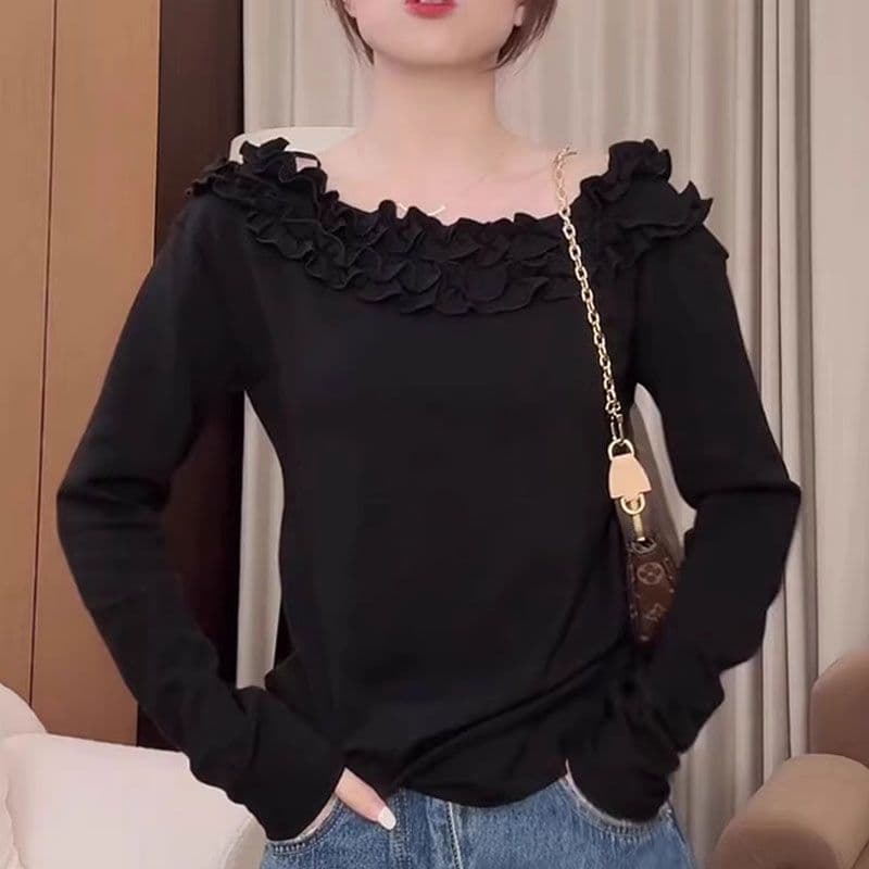 고급 센스 3 차원 프릴 오프숄더 2026 년 가을 새로운 빅 사이즈 패션 다용도 캐주얼 슬림해 보이는 맨위 이미지 2
