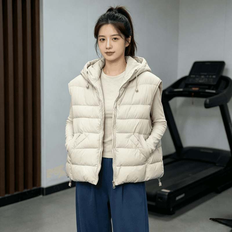 한국 스타일 루즈핏 고급 센스 슬림해 보이는 조끼 여자 2026 겨울 새로운 지퍼 디자인 센스 후드 민소매 조끼 트렌디 이미지 2