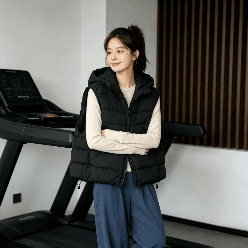 한국 스타일 루즈핏 고급 센스 슬림해 보이는 조끼 여자 2026 겨울 새로운 지퍼 디자인 센스 후드 민소매 조끼 트렌디 이미지 3