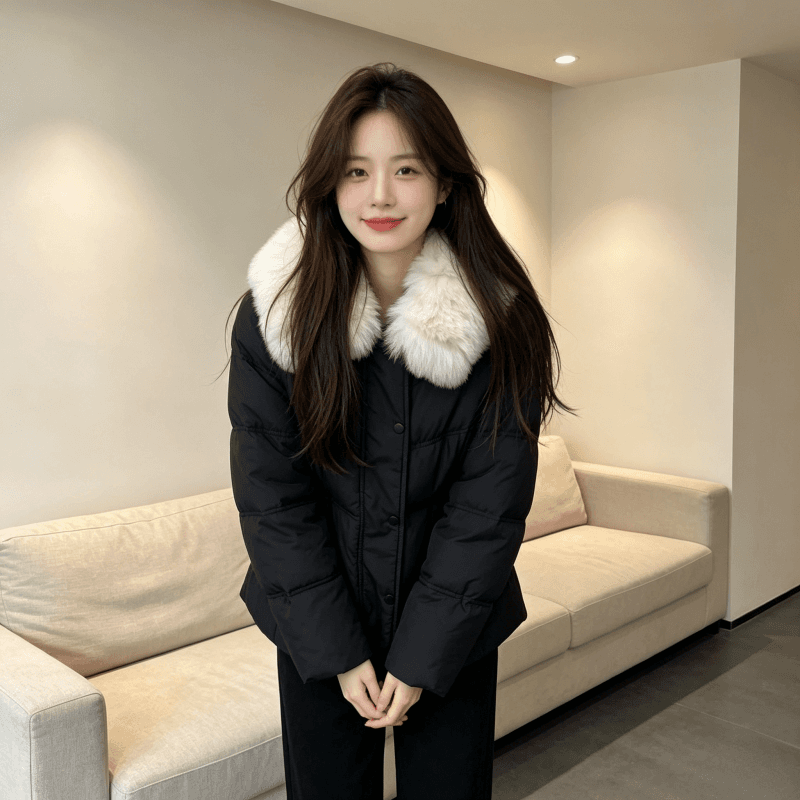 큰 모피 칼라 품격 폴로 칼라 허리 수축 슬림해 보이는 작은 키 연령 감소 면 의류 여성 코트 두꺼운 보온 루즈핏 빅 사이즈 트렌디 이미지 5