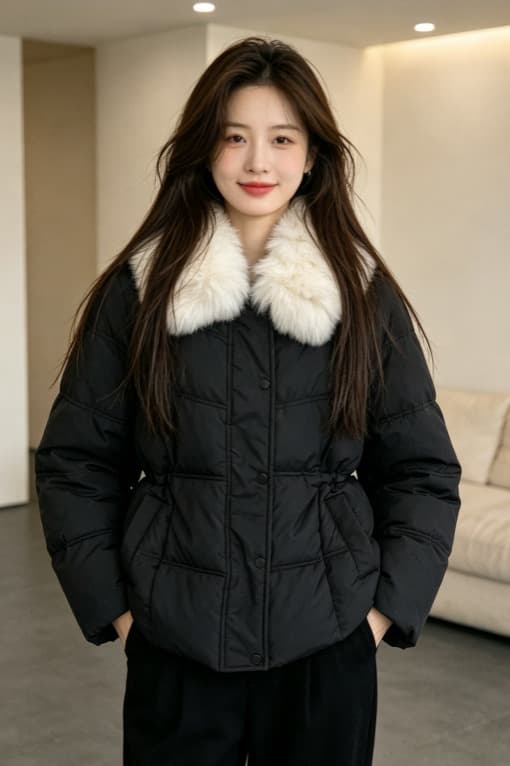 큰 모피 칼라 품격 폴로 칼라 허리 수축 슬림해 보이는 작은 키 연령 감소 면 의류 여성 코트 두꺼운 보온 루즈핏 빅 사이즈 트렌디 이미지 6