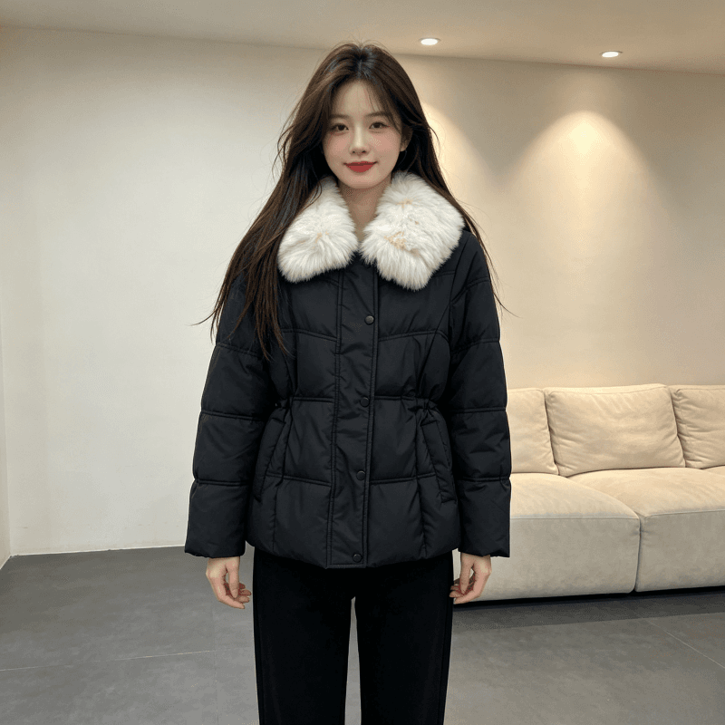 큰 모피 칼라 품격 폴로 칼라 허리 수축 슬림해 보이는 작은 키 연령 감소 면 의류 여성 코트 두꺼운 보온 루즈핏 빅 사이즈 트렌디 상세 이미지 2