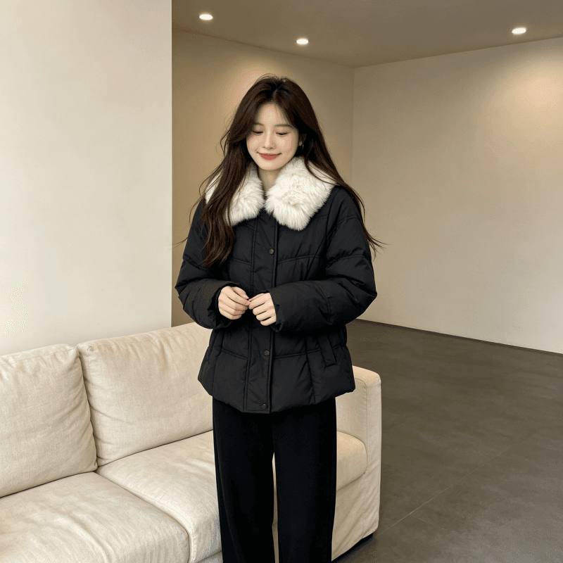 큰 모피 칼라 품격 폴로 칼라 허리 수축 슬림해 보이는 작은 키 연령 감소 면 의류 여성 코트 두꺼운 보온 루즈핏 빅 사이즈 트렌디 상세 이미지 3