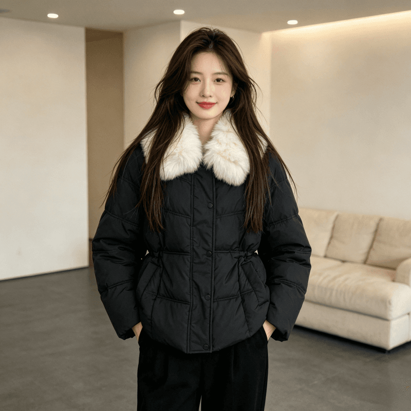 큰 모피 칼라 품격 폴로 칼라 허리 수축 슬림해 보이는 작은 키 연령 감소 면 의류 여성 코트 두꺼운 보온 루즈핏 빅 사이즈 트렌디 상세 이미지 6