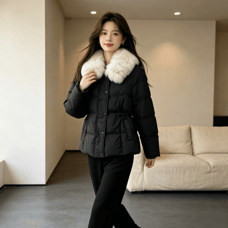 큰 모피 칼라 품격 폴로 칼라 허리 수축 슬림해 보이는 작은 키 연령 감소 면 의류 여성 코트 두꺼운 보온 루즈핏 빅 사이즈 트렌디 상세 이미지 8
