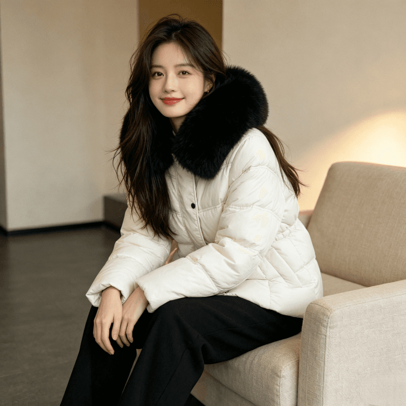 큰 모피 칼라 품격 폴로 칼라 허리 수축 슬림해 보이는 작은 키 연령 감소 면 의류 여성 코트 두꺼운 보온 루즈핏 빅 사이즈 트렌디 상세 이미지 14