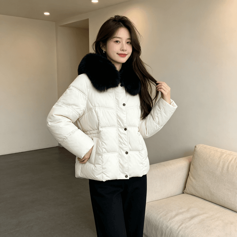 큰 모피 칼라 품격 폴로 칼라 허리 수축 슬림해 보이는 작은 키 연령 감소 면 의류 여성 코트 두꺼운 보온 루즈핏 빅 사이즈 트렌디 상세 이미지 15