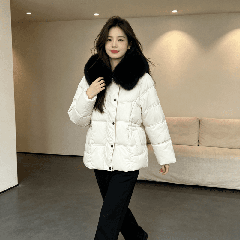큰 모피 칼라 품격 폴로 칼라 허리 수축 슬림해 보이는 작은 키 연령 감소 면 의류 여성 코트 두꺼운 보온 루즈핏 빅 사이즈 트렌디 상세 이미지 16