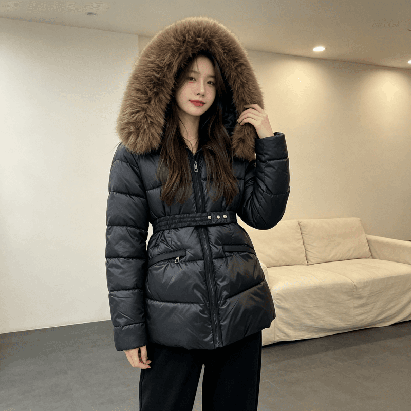 큰 모피 칼라 품격 폴로 칼라 허리 수축 슬림해 보이는 작은 키 연령 감소 면 의류 여성 코트 두꺼운 보온 루즈핏 빅 사이즈 트렌디 이미지 2