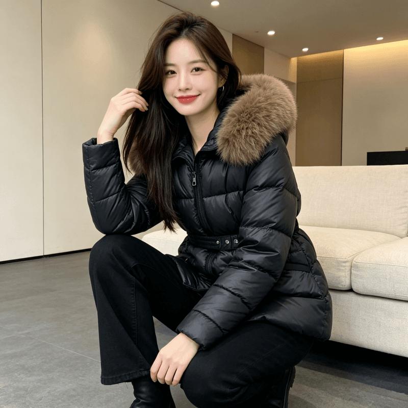 큰 모피 칼라 품격 폴로 칼라 허리 수축 슬림해 보이는 작은 키 연령 감소 면 의류 여성 코트 두꺼운 보온 루즈핏 빅 사이즈 트렌디 상세 이미지 4