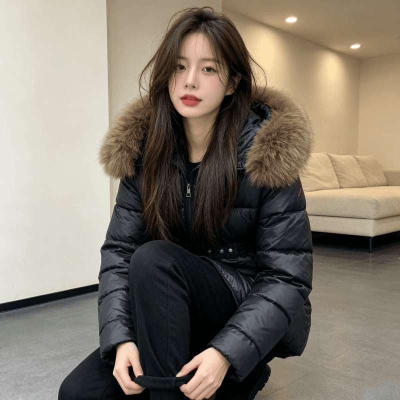 큰 모피 칼라 품격 폴로 칼라 허리 수축 슬림해 보이는 작은 키 연령 감소 면 의류 여성 코트 두꺼운 보온 루즈핏 빅 사이즈 트렌디 상세 이미지 10