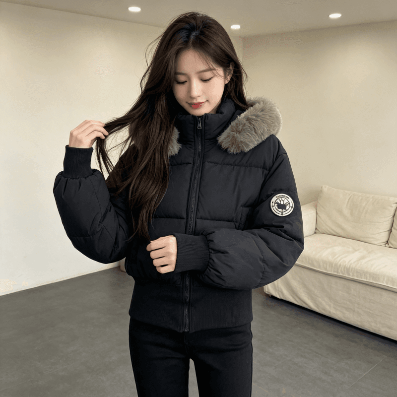 큰 모피 칼라 후드 두꺼운 보온 방한 루즈핏 빅 사이즈 작은 키 면 의류 여성 코트 디자인 센스 빛 럭셔리 목화 진딧물 이미지 4