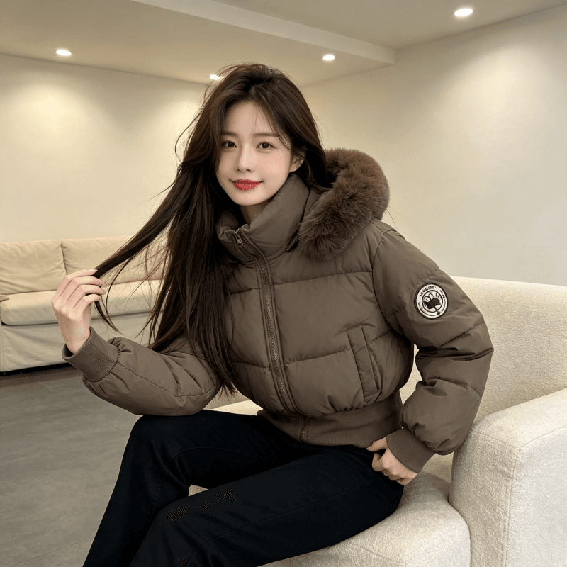 큰 모피 칼라 후드 두꺼운 보온 방한 루즈핏 빅 사이즈 작은 키 면 의류 여성 코트 디자인 센스 빛 럭셔리 목화 진딧물 상세 이미지 2