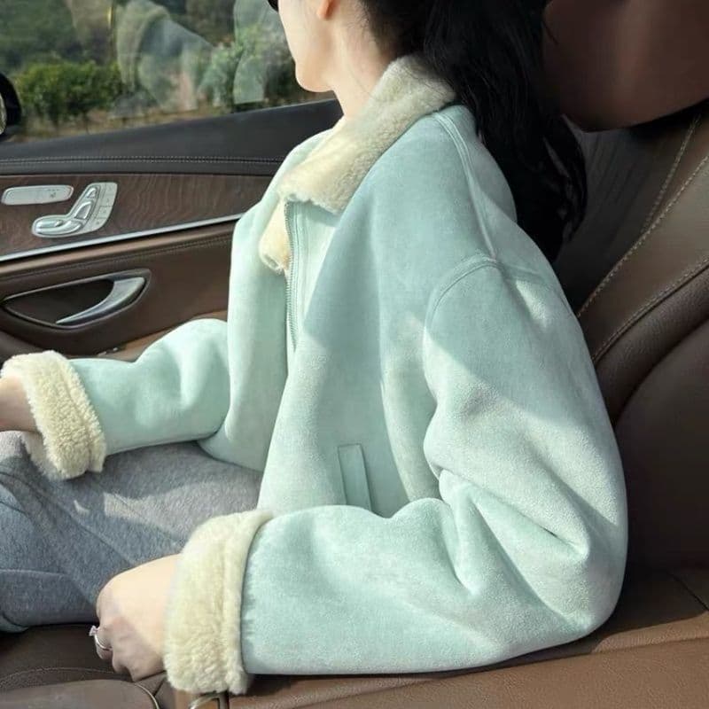 스웨이드 원단 피모 하나 양털 짧은 여성 코트 작은 키 고급 센스 플리스 폴로 칼라 두꺼운 보온 맨위