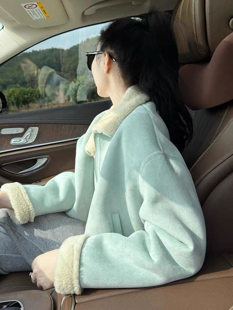 스웨이드 원단 피모 하나 양털 짧은 여성 코트 작은 키 고급 센스 플리스 폴로 칼라 두꺼운 보온 맨위 상세 이미지 7