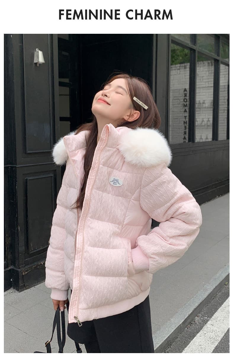 작은 키 니트 면 옷 umoumo 우 버섯 부드러운 다용도 트위스트 꽃 모직물 패치워크 후드 모피 칼라 허리 수축 면 의류 상세 이미지 20