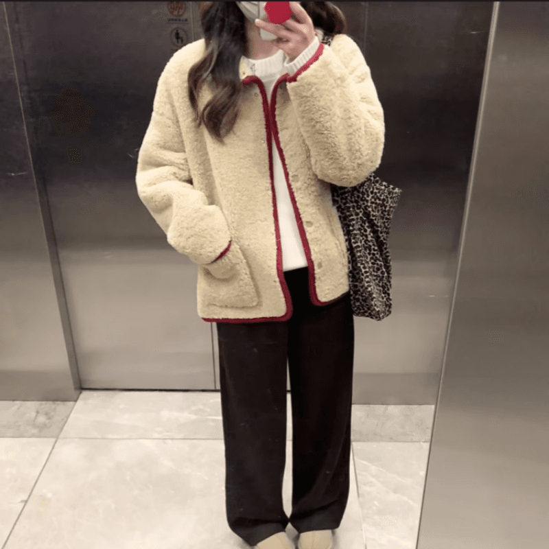 원본 원단 560 그램 한 번 작은 짭짤한 폴로 칼라 두꺼운 양털 플리스 여성 가을 겨울 빨간색 짧은 외투 보온 이미지 3